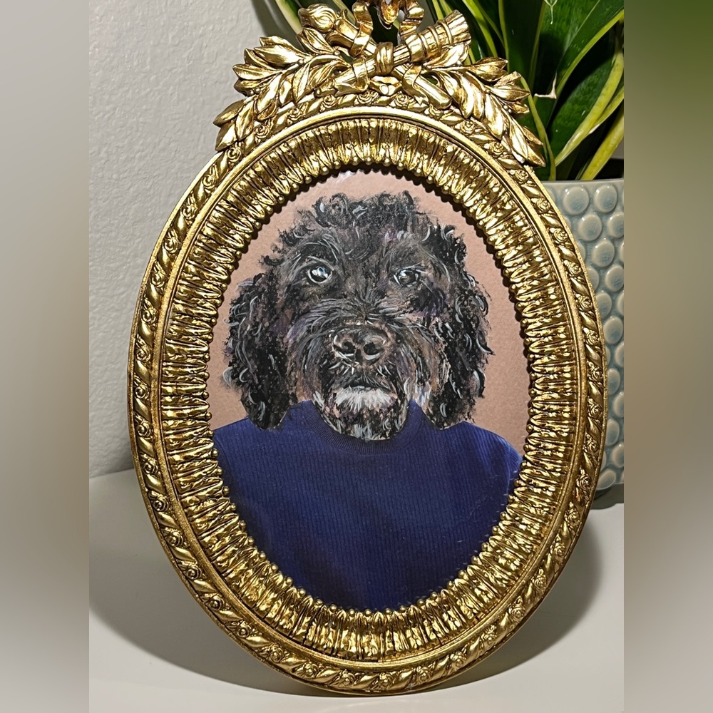 Original Poodle Portrait in Ornate Gold Frame, one of a kind!